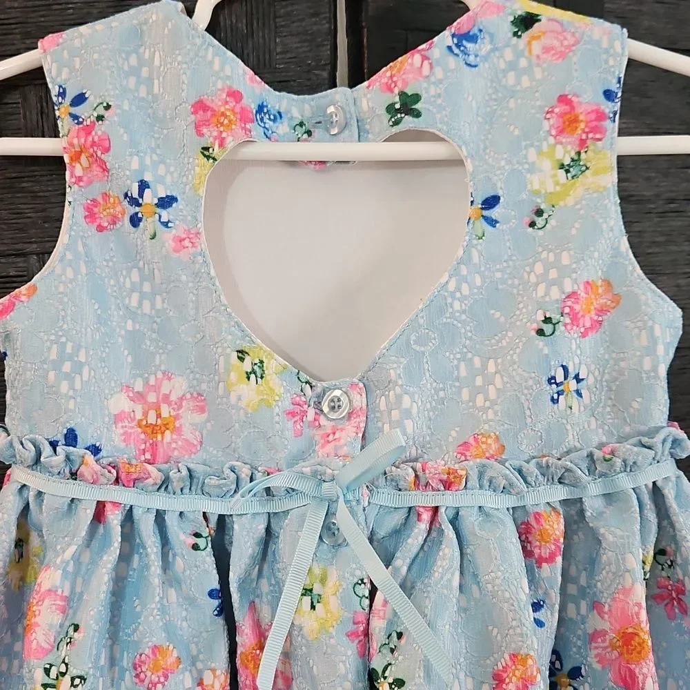 Blueberi Boulevard Blue Floral Lace Dress - Ribbon Bow - Size 3T - Back Cutout